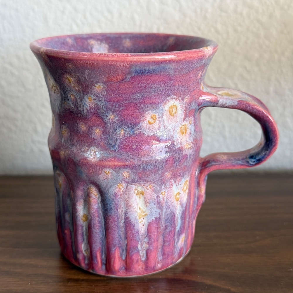 Studio Pottery Crystalline Glaze Mug Purple Pink Blue Fluted Handcrafted Ceramic